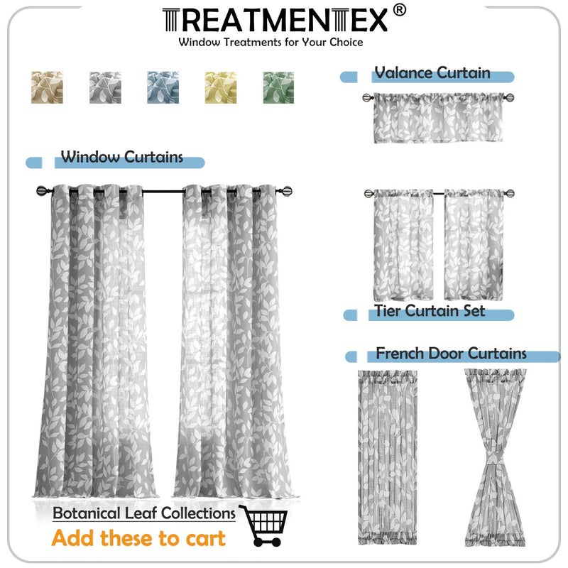 Treatmentex Grey Semi-Sheer Curtains for Bedroom 95" Long White Leaf Print Curtains for Living Room Grommet Top Window Panels, 1 Pair - Image 5